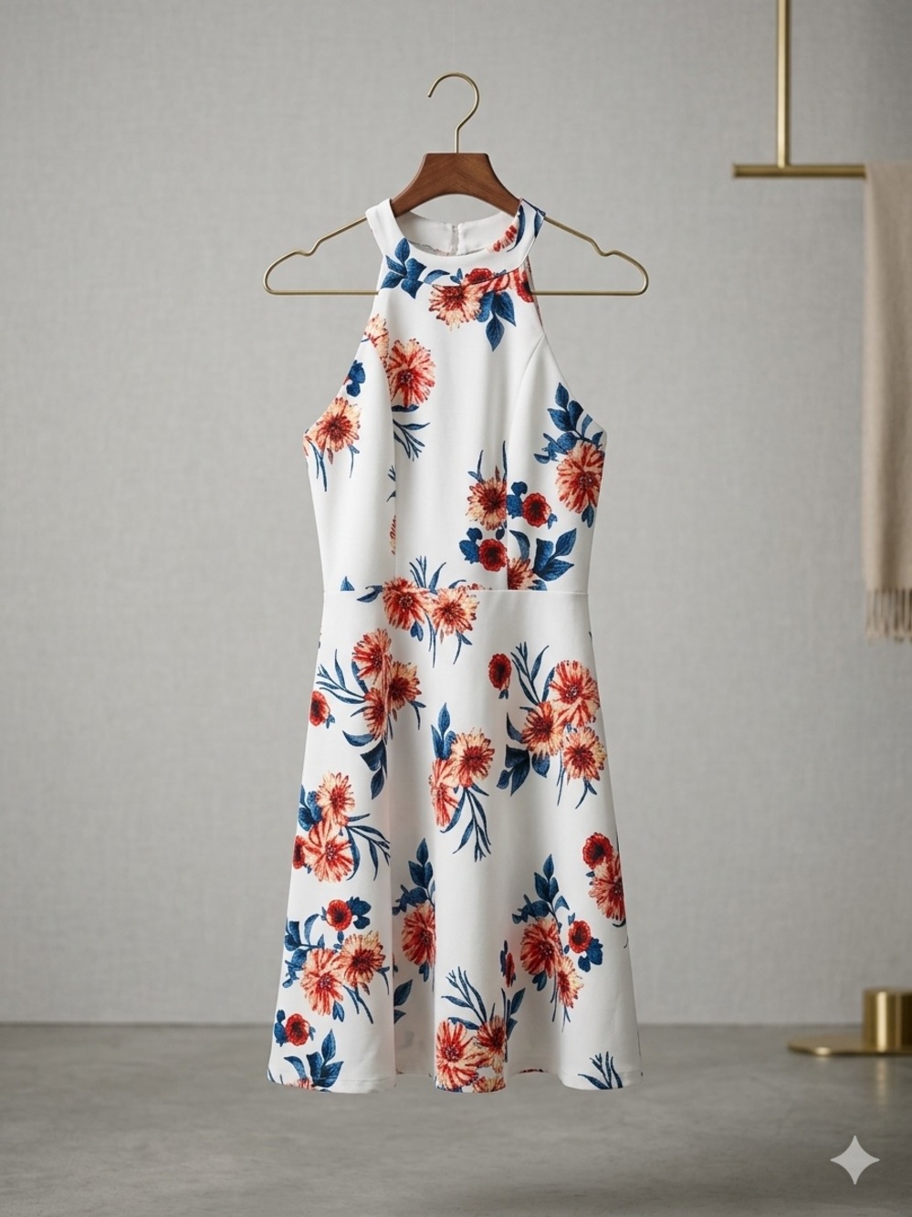 No Boundaries White Midi Dress with Blue & Coral Floral Print - Picture 1 of 3